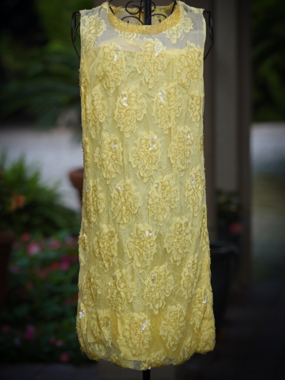Vintage Yellow Sequin Lace Floral Dress | 1960s/70s Party Mini Dress